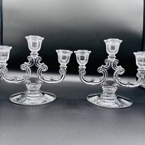 2 Clear Glass Scroll Pattern 3-Arm Decorative Candlestick Candelabra Holders
